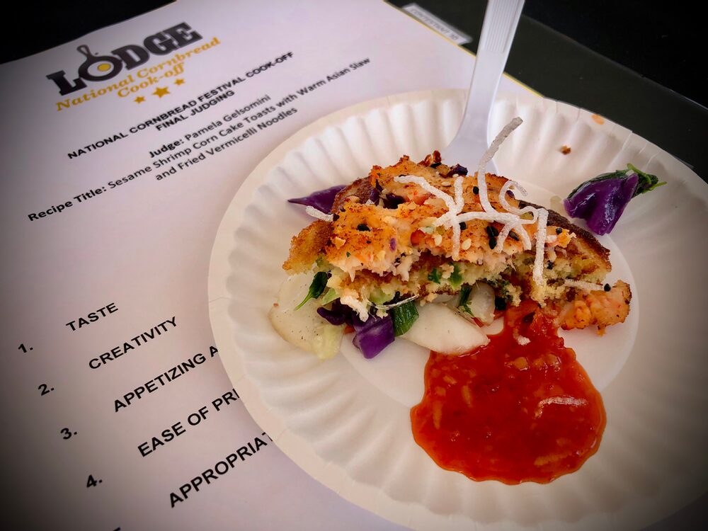 Hello, From The Other Side... Of The Judges Table! Omg - That Sauce!!!Sesame Shrimp Corn Cake Toasts With Warm Asian Slaw And Fried Vermicelli Noodles