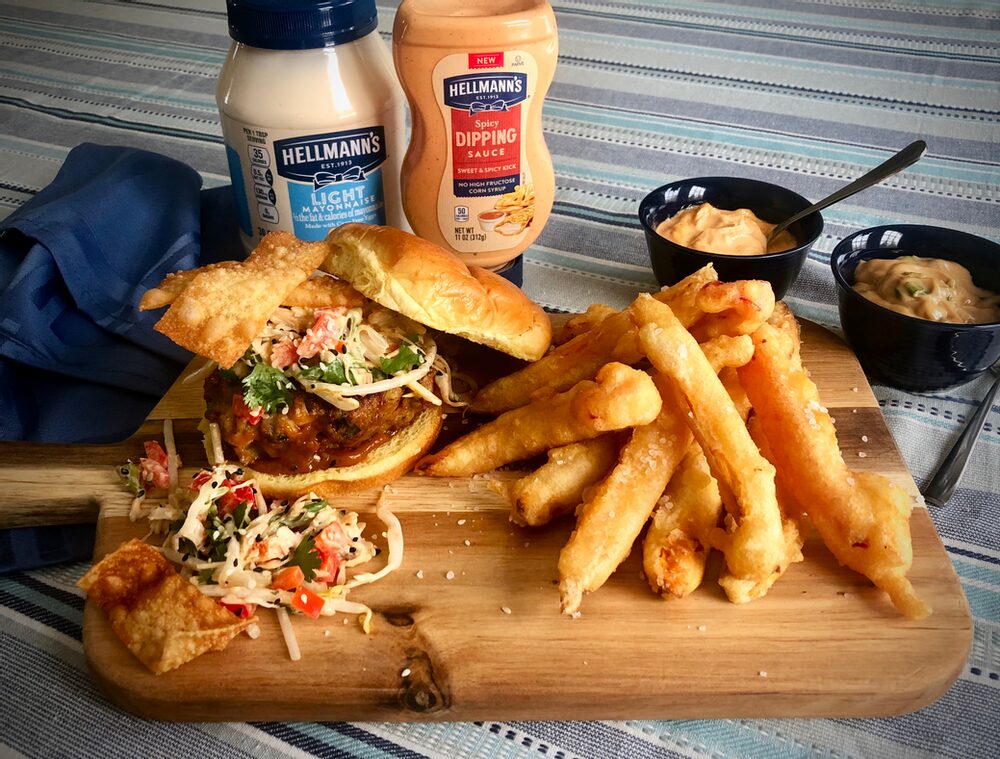 Beyond Burger And Fries... Wonton Burgers With Magic Peanut Sauce, Spicy Asian Slaw, Fried Wonton Crunch And Tempura Sweet Potato And Red Pepper Fries With Two Dipping Sauces