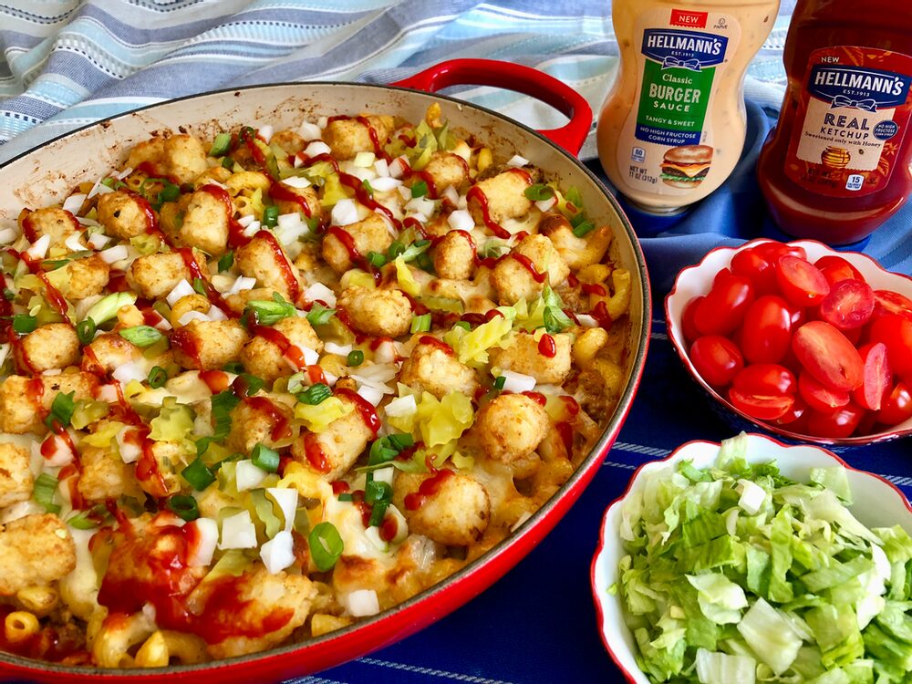 CHEESEBURGER PASTA CASSEROLE WITH TOTS! Beyond Burger and Fries...
