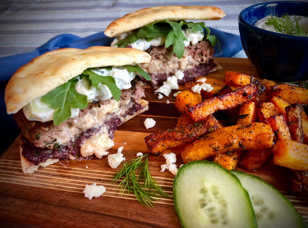 Beyond Burger And Fries... Naan-Traditional Feta-Stuffed Lamb Burgers With Two Sauces And Rosemary Laced Butternut Squash Fries