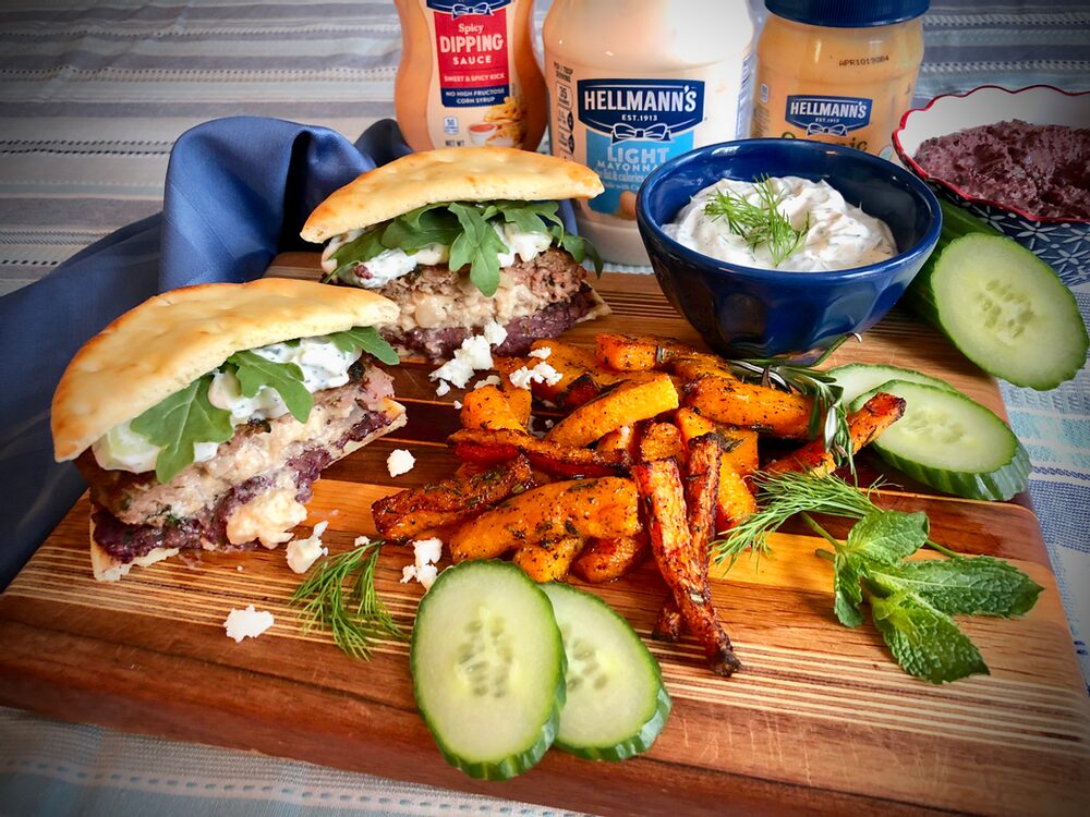 Beyond Burger And Fries... Naan-Traditional Feta-Stuffed Lamb Burgers With Two Sauces And Rosemary Laced Butternut Squash Fries