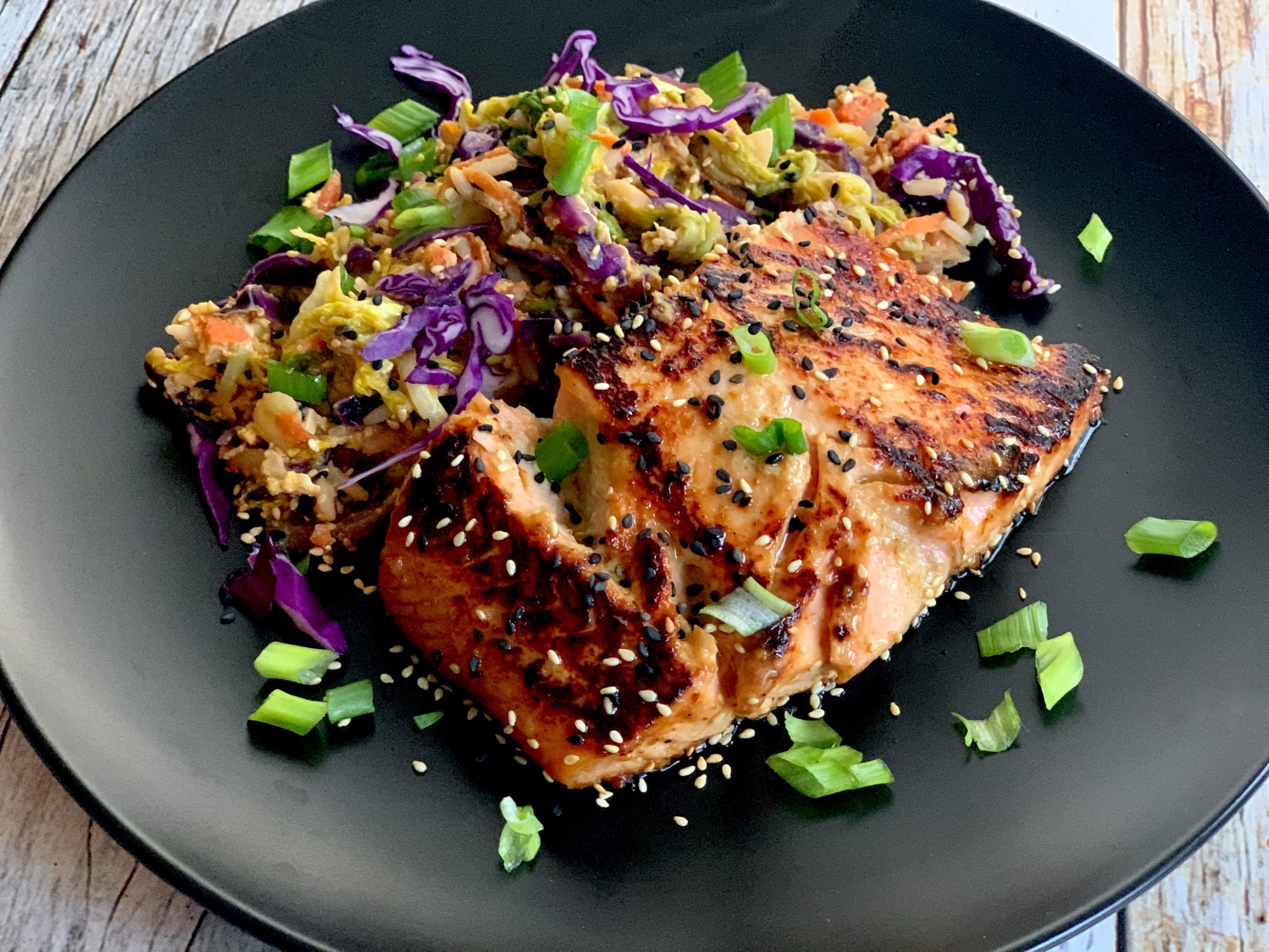 MISO SALMON OVER NAPA CABBAGE FRIED RICE Dish off the Block