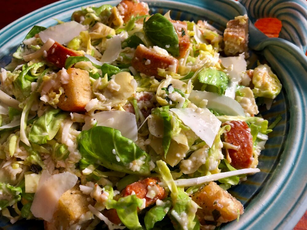 SHAVED BRUSSEL SPROUT CAESAR SALAD WITH ARTICHOKE HEARTS AND HOMEMADE CROUTONS Gelsomini Extravaganza 2019!! Let's Eat!!