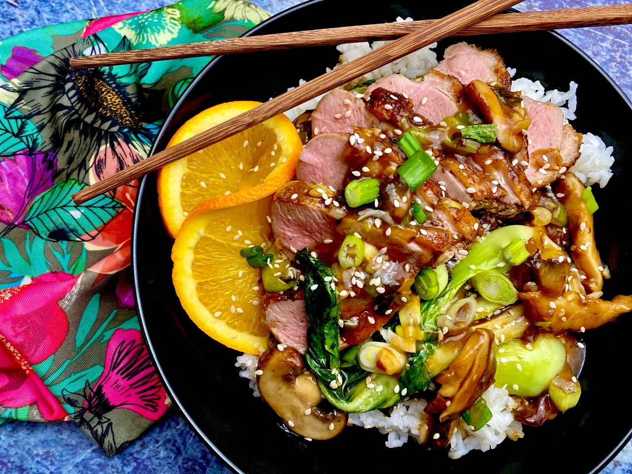 5 SPICE DUCK BREASTS WITH BABY BOK CHOY AND ORANGE, MUSHROOM, GINGER