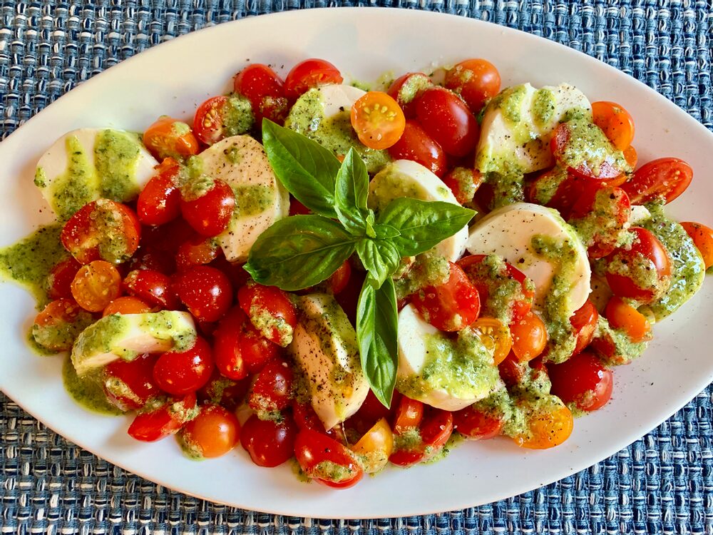 Pesto Palooza! Cherry Tomato Caprese Salad With Basil Pesto Dressing