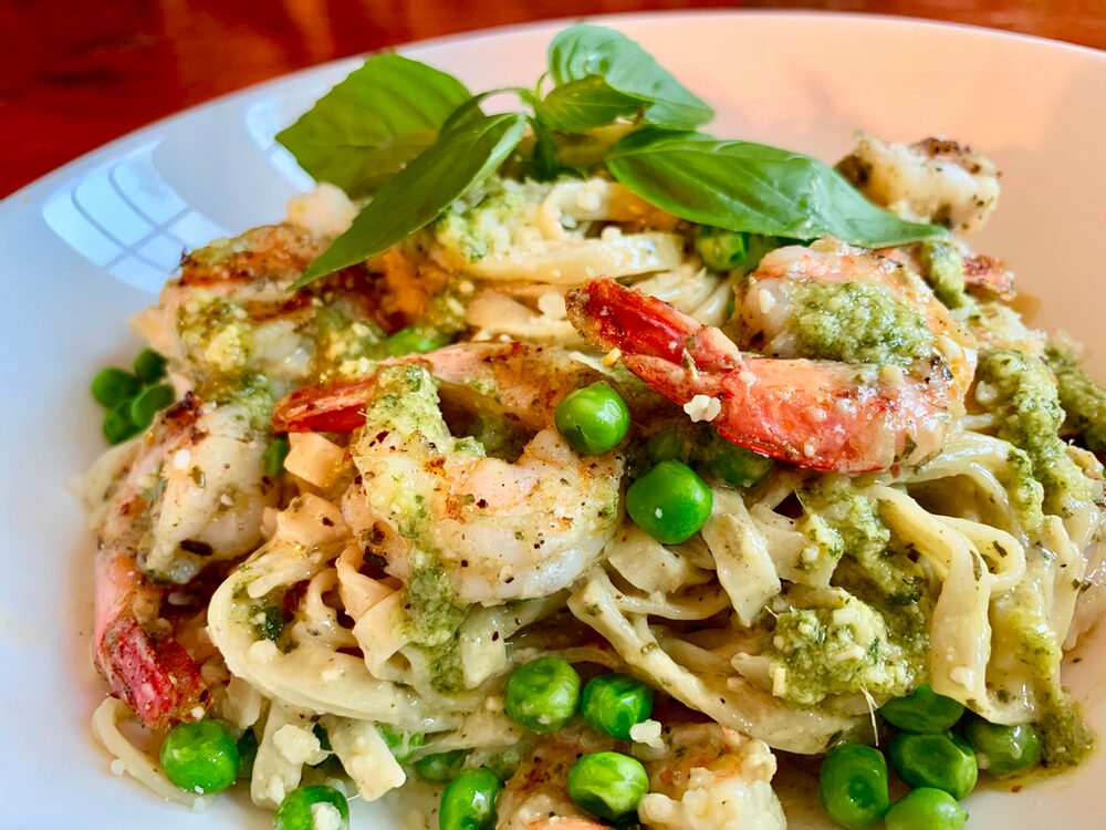 Pesto Palooza! Fettucini With Pistachio Pesto Cream Sauce And Grilled Pesto Shrimp