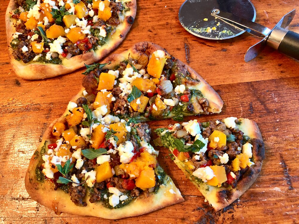 Pesto Palooza! Lamb And Butternut Squash Naan Pizza With Basil Mint Feta Pesto