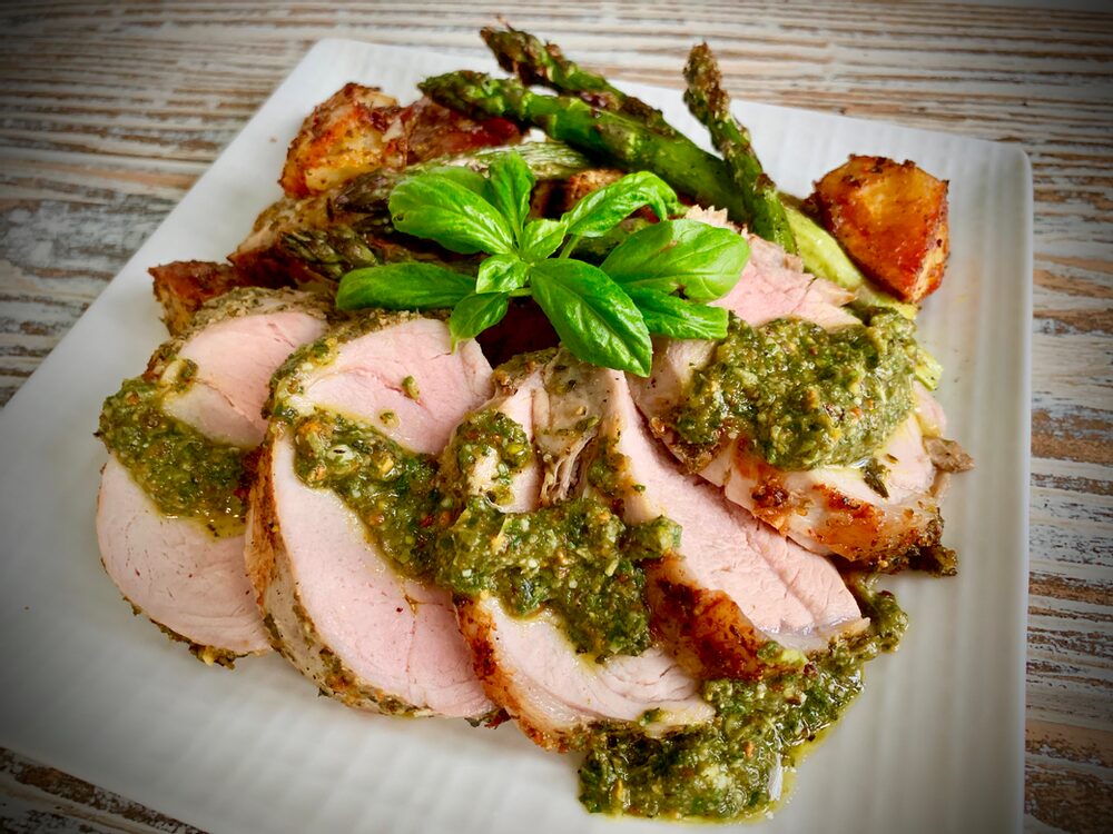 Pesto Palooza! Pistachio Pesto Rubbed Pork Tenderloin With Pesto Roasted Potatoes And Pistachio Pesto Drizzle