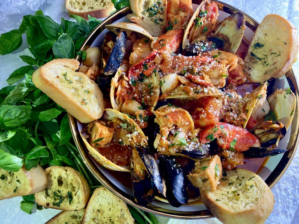 Fishermans Bounty Tomato Stew With Garlic Crostini