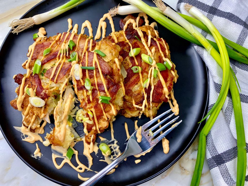 Okonomiyaki Cabbage And Chicken Pancakes With Sriracha Mayo