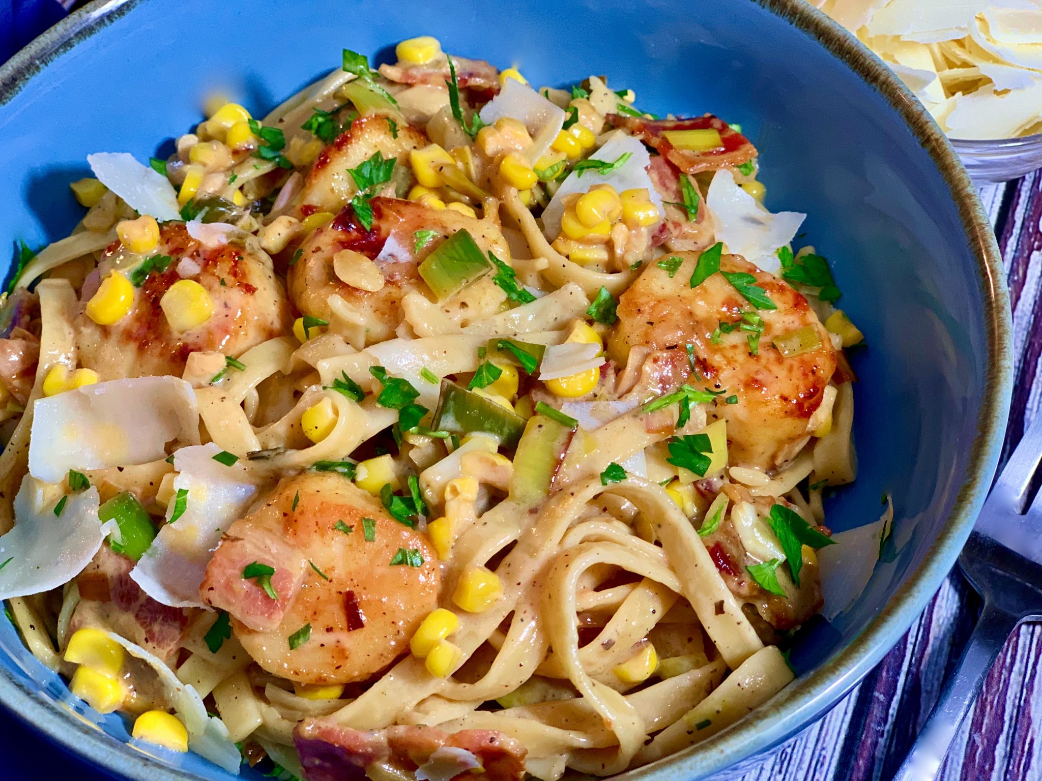 SEARED SCALLOP PASTA WITH LEEK, BACON, AND CORN CREAM SAUCE Dish off