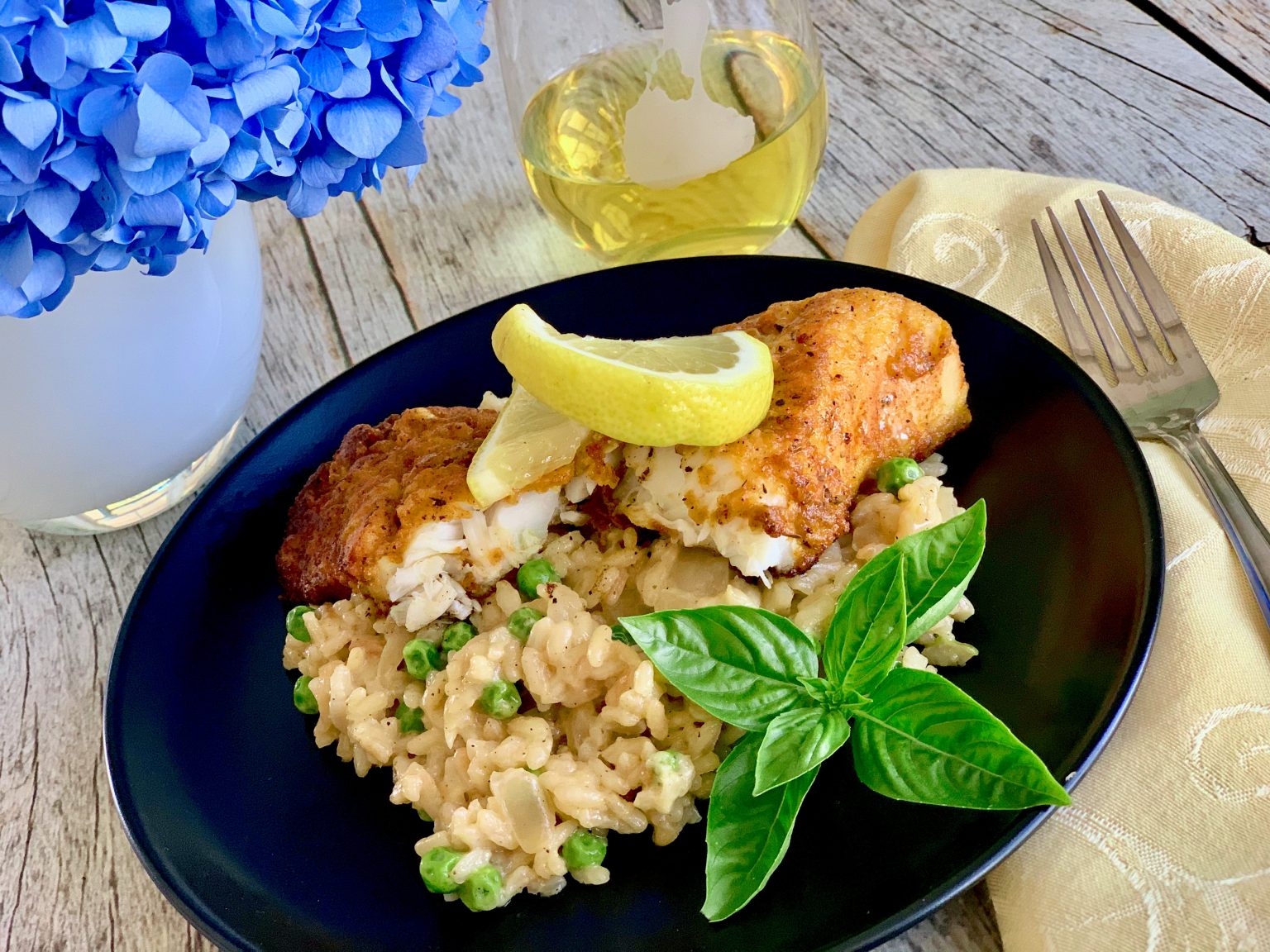 SUPERBLY HERBY HALIBUT OVER PARMESAN AND PEA RISOTTO Dish off the Block