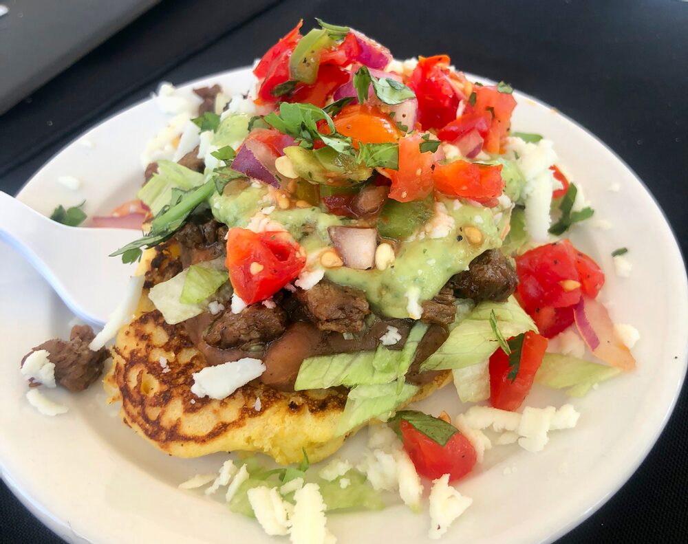 Hello, From The Other Side... Of The Judges Table! Mexican Corn Cakes With Charred Corn, Carne Asada, Refried Beans, And Guasacaca (Avocado) Sauce