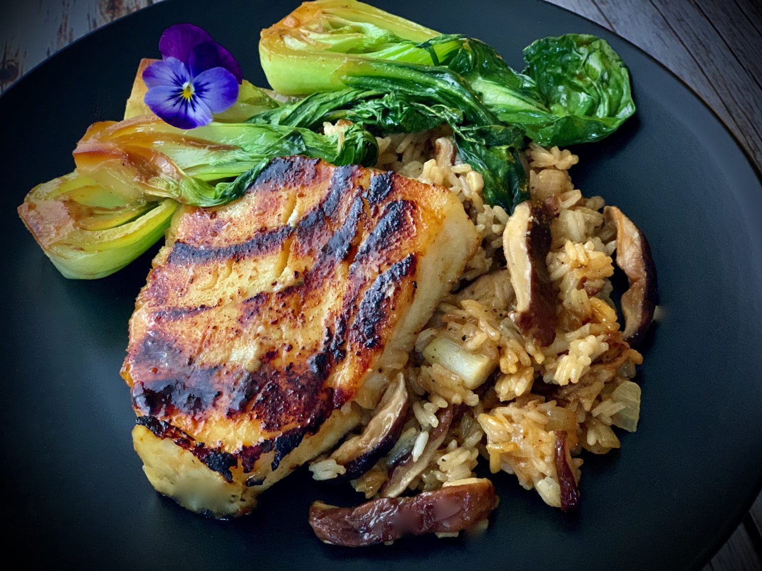 MISO GLAZED CHILEAN SEA BASS WITH BOK CHOY AND SHITAKE JASMINE RICE