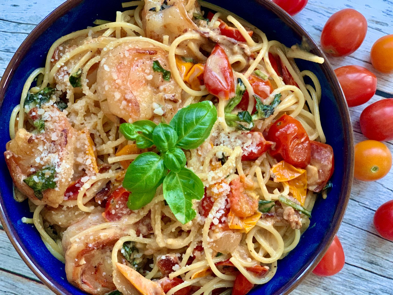 SHRIMP, BACON, AND CHERRY TOMATO PASTA IN PARMESAN BASIL CREAM SAUCE