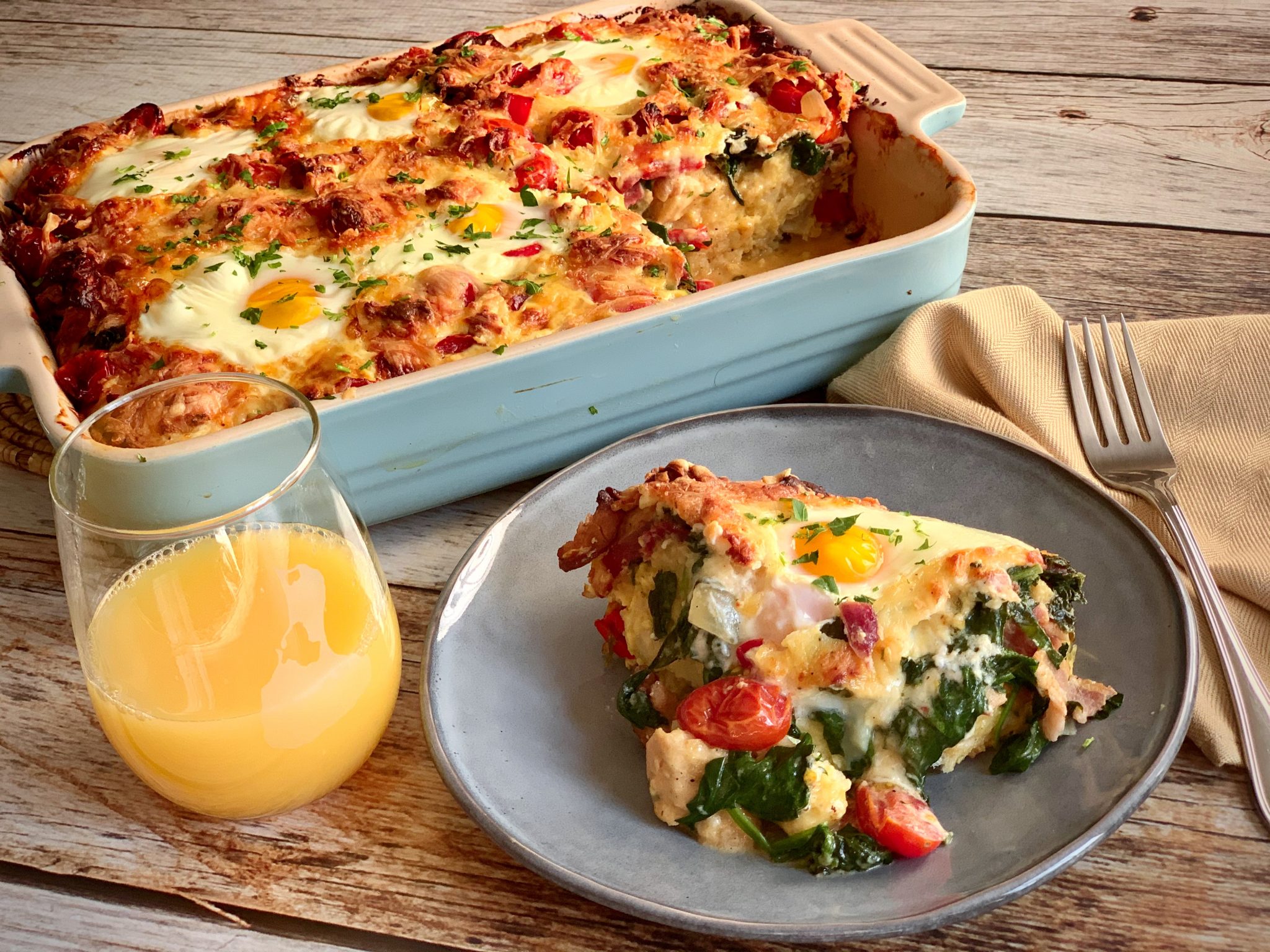 OVERNIGHT 14 EGG, BACON, SPINACH AND TOMATO STRATA WITH 2 CHEESES