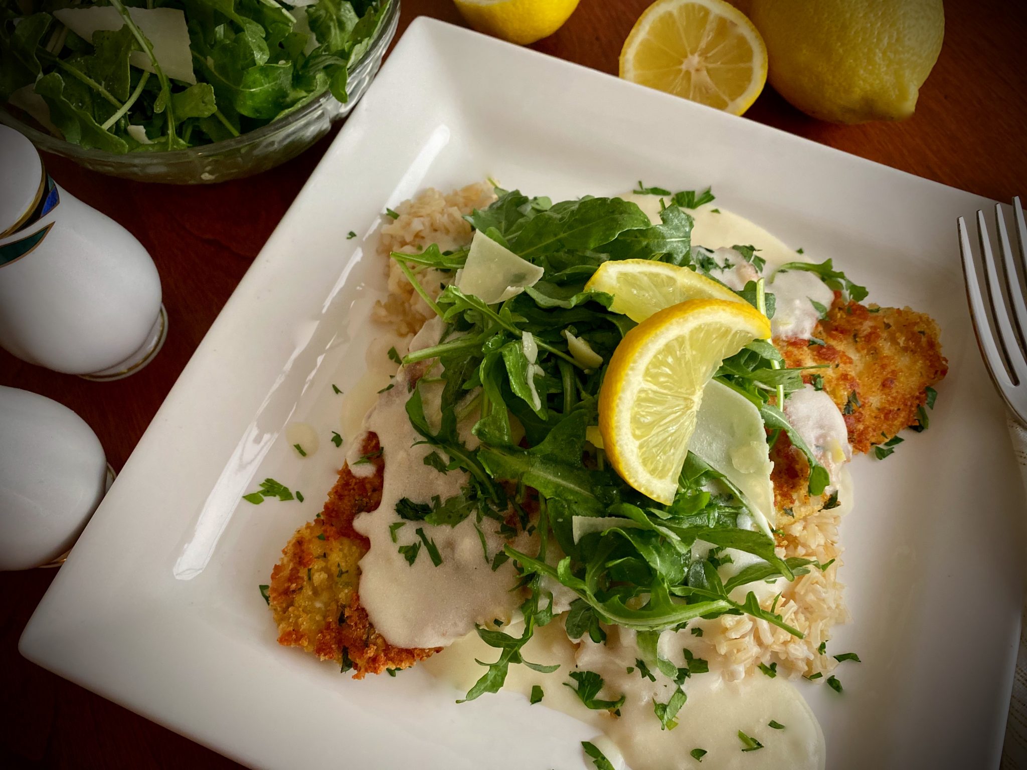 HEALTHY FLOUNDER MILANESE WITH LEMON SAUCE OVER BROWN RICE Dish off