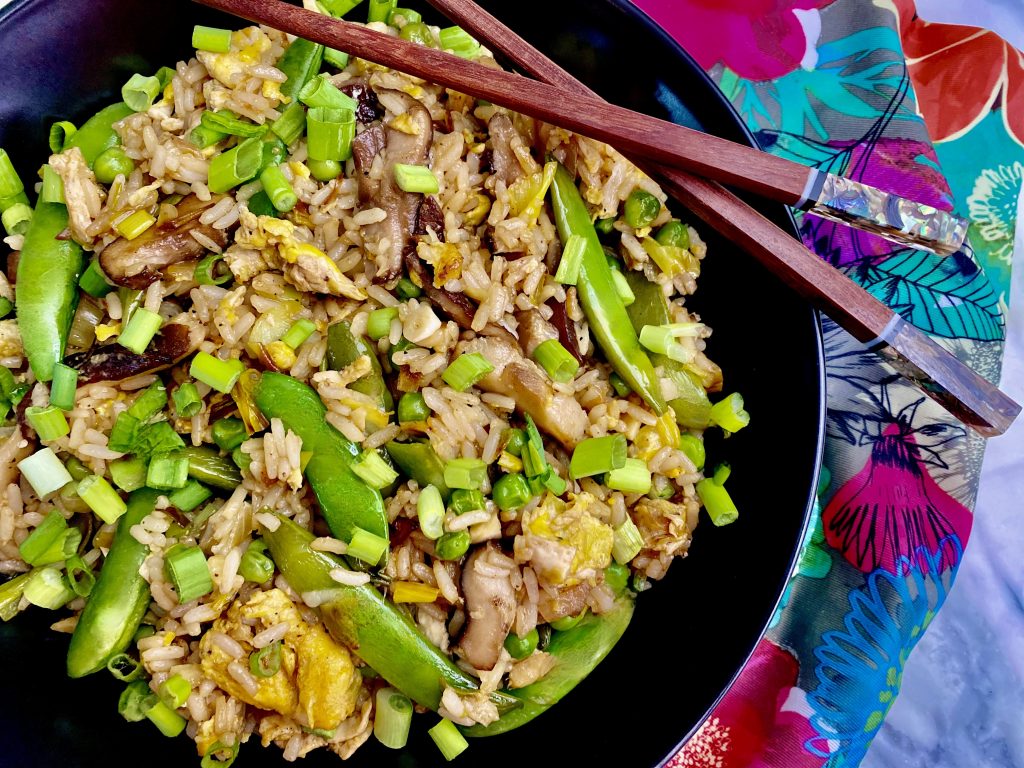 Leek and Mushroom Fried Rice with Pea Pods