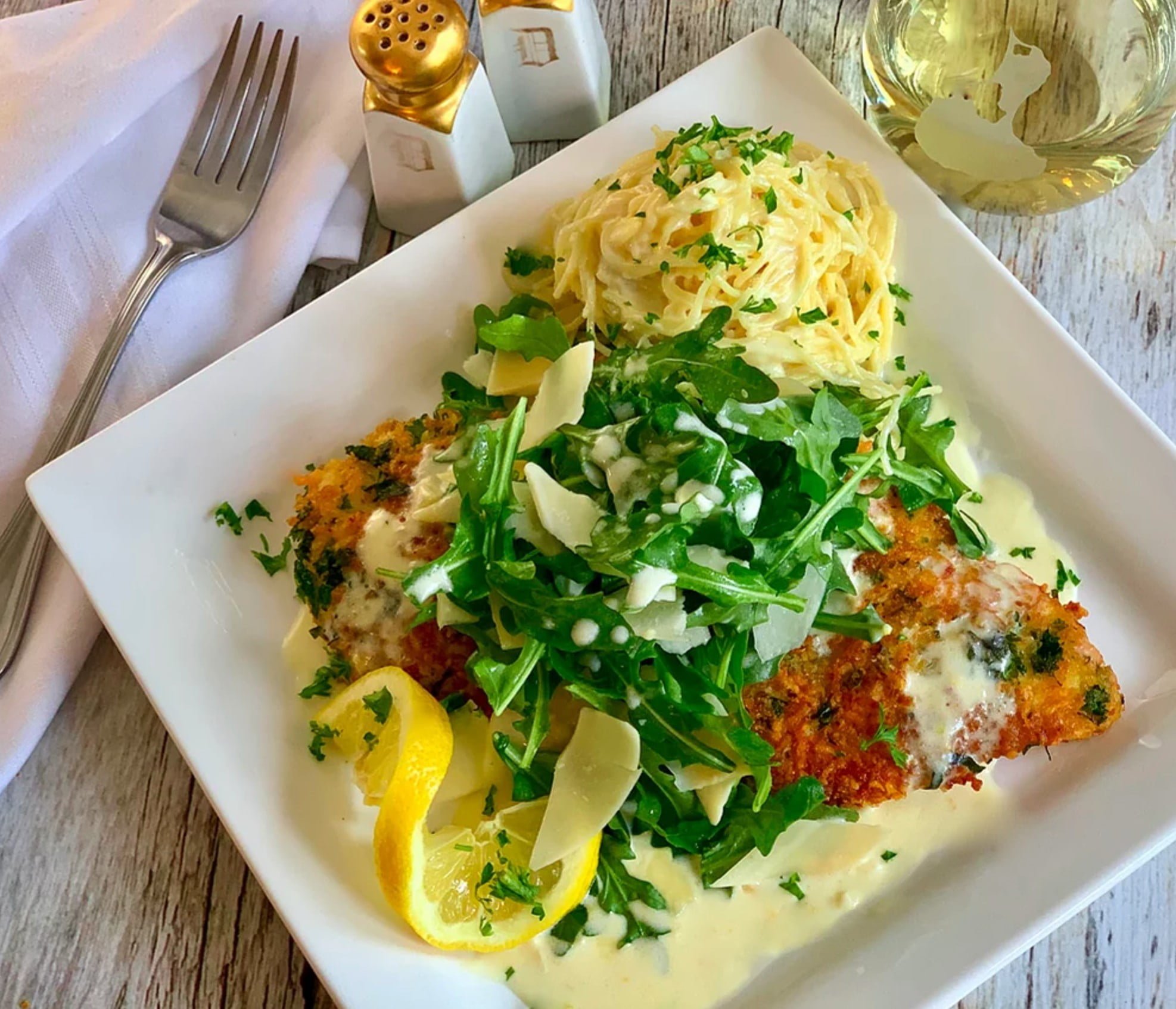 CHICKEN MILANESE WITH LEMON CREAM SAUCE AND ARUGULA SALAD Dish off