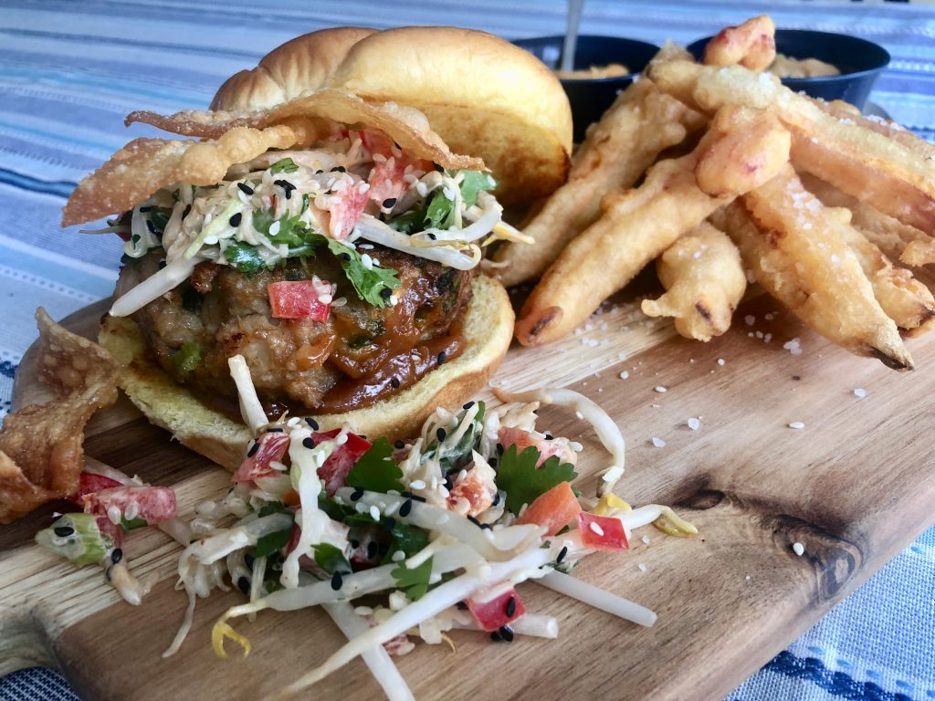 Wonton Burgers With Magic Peanut Sauce, Spicy Asian Slaw, Fried Wonton Crunch And Tempura Sweet Potato And Red Pepper Fries With Two Dipping Sauces