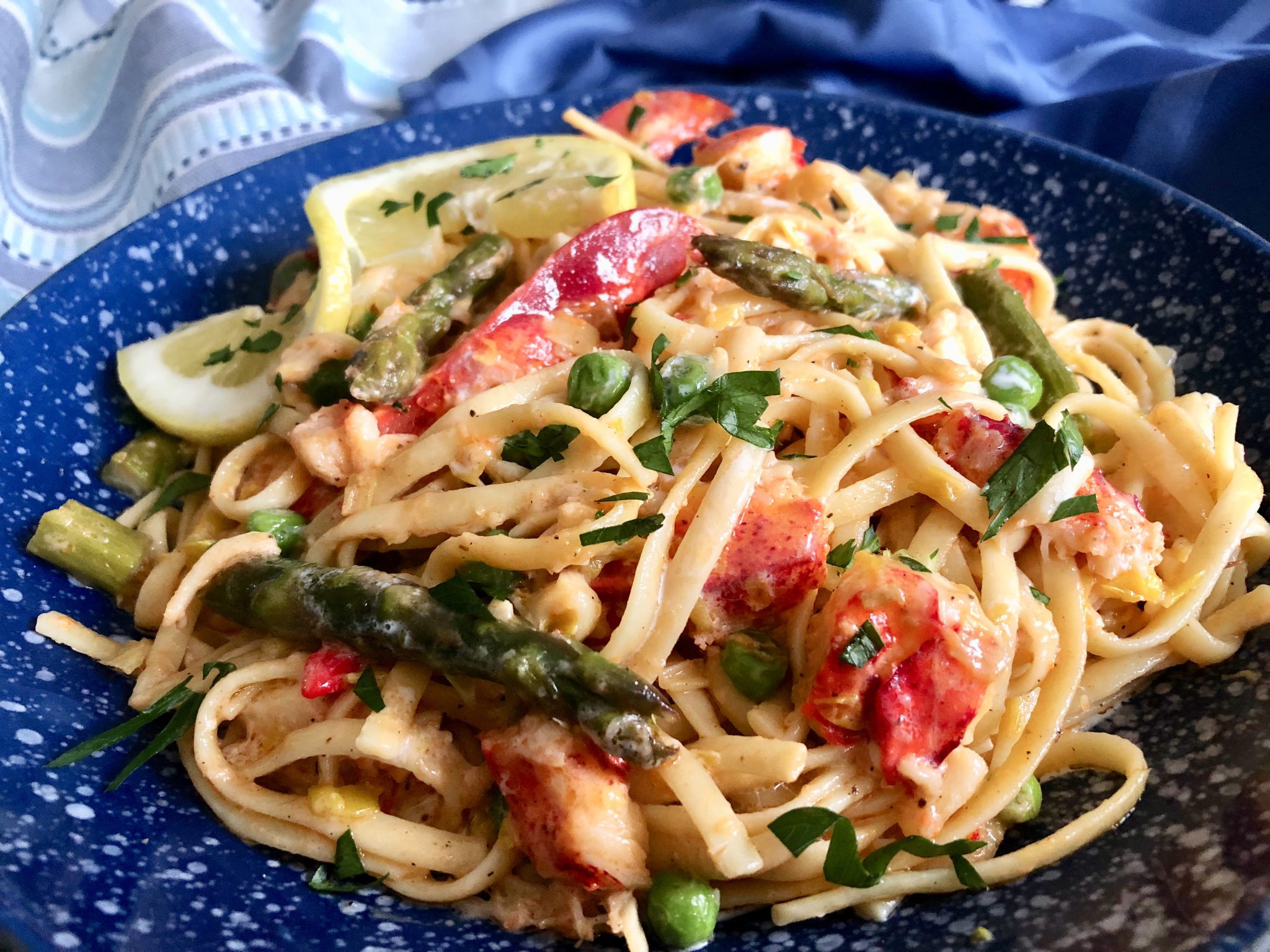 LOBSTER PASTA WITH ASPARAGUS AND PEAS IN SHERRY CREAM SAUCE Dish off the Block