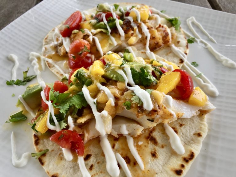 FISH TACOS WITH MANGO TOMATO SALSA, AVOCADO, AND CREMA ...