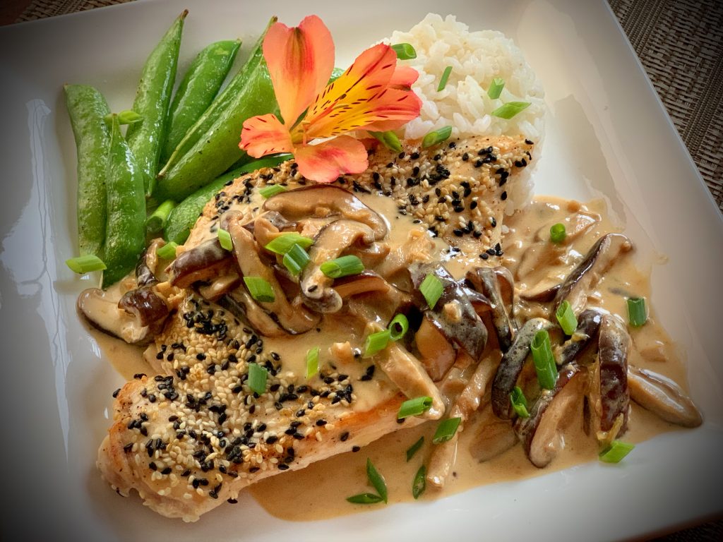 Sesame Chicken With Ginger Shitake Cream Sauce