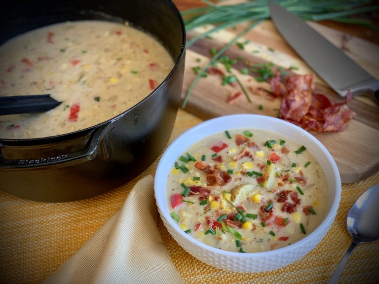 CORN CHOWDER WITH RED PEPPER AND BACON GARNISH Dish off the Block