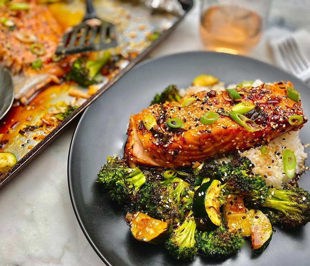 Sweet Sesame Soy Salmon Sheet Pan Dinner With Broccoli And Zucchini