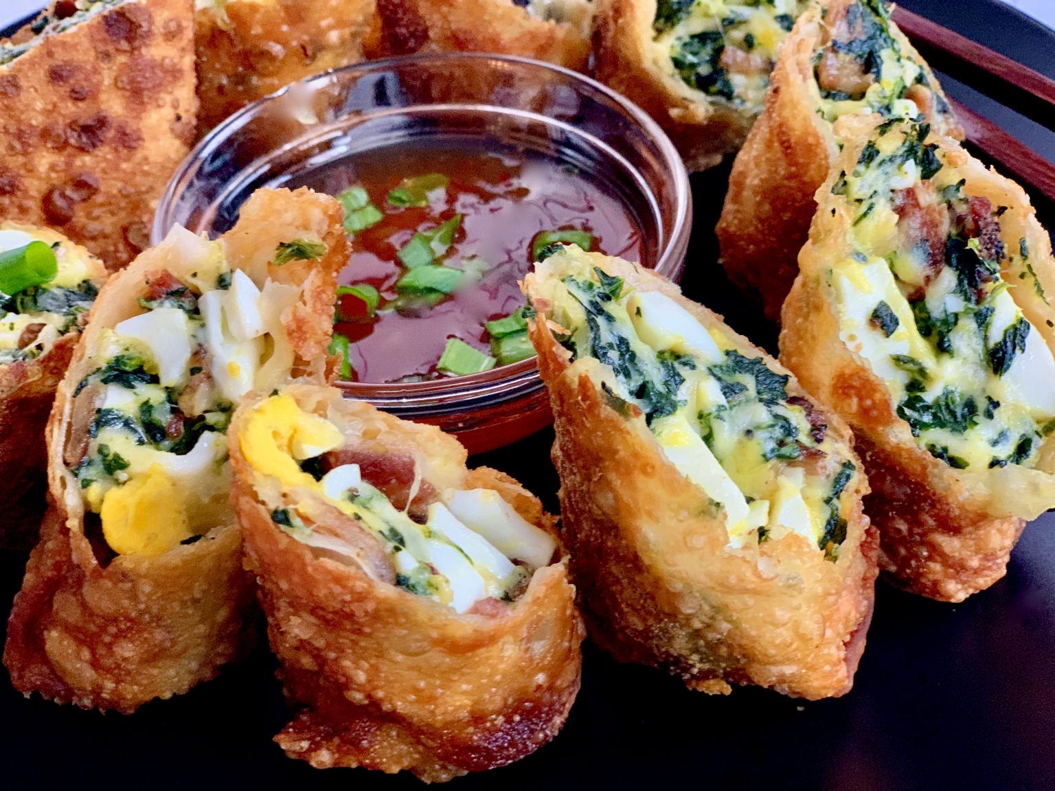 EGGY SPINACH, BACON, AND CHEESY EGG ROLLS Dish off the Block