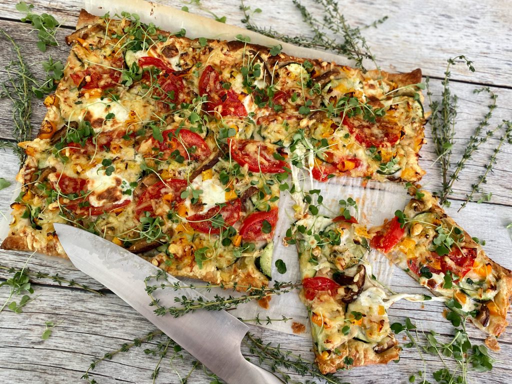 LOADED VEGETABLE TART WITH HERBS AND LEEK MAYO CREAM