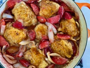 SWEET AND SPICY KOREAN CHICKEN THIGHS WITH PLUMS, ONIONS, AND BOK CHOY