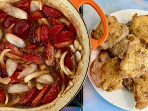 SWEET AND SPICY KOREAN CHICKEN THIGHS WITH PLUMS, ONIONS, AND BOK CHOY
