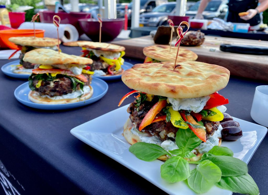 Mediterranean Lamb, Feta, And Olive Burgers With Two Pepper Slaw And Feta Tzatziki