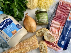 CHEESY BACON AND SEA ASPARAGUS PESTO CROSTINI