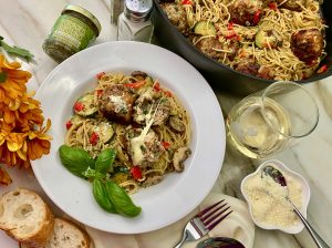 PESTO PALOOZA SHRIMP AND PORK MEATBALLS ON PASTA WITH PESTO CREAM SAUCE