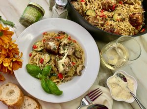 Pesto Palooza Shrimp And Pork Meatballs On Pasta With Pesto Cream Sauce