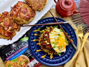 BACON AND NOODLE OKONOMIYAKI PANCAKES WITH SUNNY SIDE EGGS AND SRIRACHA MAYO