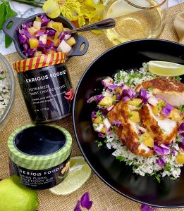 SERIOUS FOODIE ASIAN FUSION RUBBED SEA BASS WITH VIETNAMESE SWEET CHILI PINEAPPLE SLAW OVER GREEN RICE