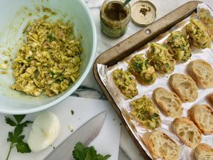 Cheesy Bacon And Sea Asparagus Pesto Crostini