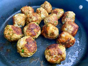PESTO PALOOZA SHRIMP AND PORK MEATBALLS ON PASTA WITH PESTO CREAM SAUCE