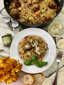 PESTO PALOOZA SHRIMP AND PORK MEATBALLS ON PASTA WITH PESTO CREAM SAUCE