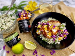 SERIOUS FOODIE ASIAN FUSION RUBBED SEA BASS WITH VIETNAMESE SWEET CHILI PINEAPPLE SLAW OVER GREEN RICE