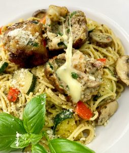 PESTO PALOOZA SHRIMP AND PORK MEATBALLS ON PASTA WITH PESTO CREAM SAUCE
