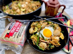 SCALLOP AND SPRING VEGETABLE NOODLE STIR FRY WITH SUNNY SIDE TOPPER