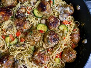 PESTO PALOOZA SHRIMP AND PORK MEATBALLS ON PASTA WITH PESTO CREAM SAUCE