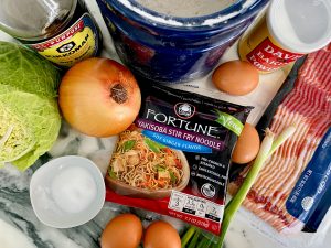 BACON AND NOODLE OKONOMIYAKI PANCAKES WITH SUNNY SIDE EGGS AND SRIRACHA MAYO
