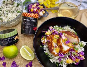 SERIOUS FOODIE ASIAN FUSION RUBBED SEA BASS WITH VIETNAMESE SWEET CHILI PINEAPPLE SLAW OVER GREEN RICE