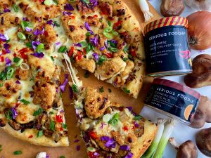 SERIOUS FOODIE CHINESE BBQ CHICKEN AND MUSHROOM PIZZA WITH VIETNAMESE CHILI HOT SAUCE KICK