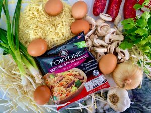CHINESE SAUSAGE AND YAKISOBA NOODLE FUSION QUICHE